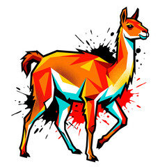 Obraz premium Vibrant Low Poly Llama Illustration with Colorful Geometric Patterns and Artistic Ink Splashes