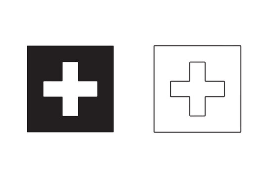 Medical cross symbol inside square box in solid black and outline variations