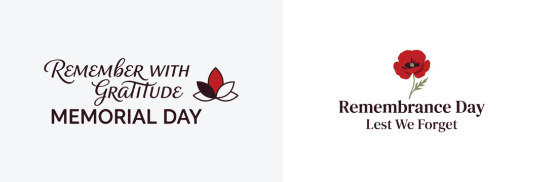 Memorial day and remembrance day commemorative text designs with red poppy icons