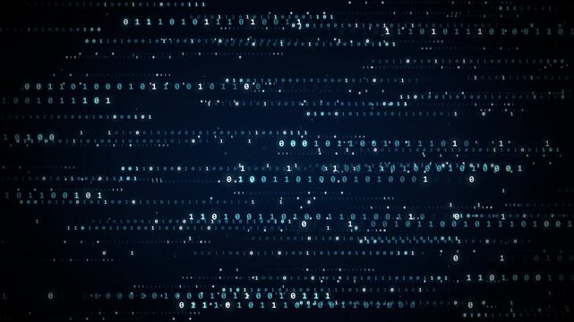 Futuristic binary code stream dissolving into floating quantum bit particles for cyber security data decryption encryption and big data