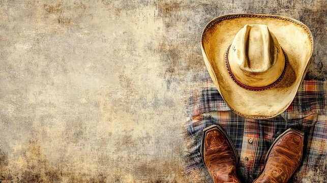 Rustic western hat and boots rest atop plaid cloth, evoking traditional country lifestyle and rural aesthetics beautifully