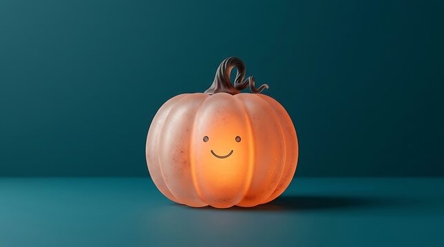 Small glowing orange pumpkin decoration with a smiling face jack o lantern halloween light