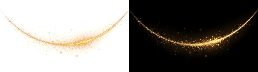 Glitter arc of sparkling golden dust particles curving with a warm glow for festive luxury designs in PNG, Transparent and Black Background Versions © mac