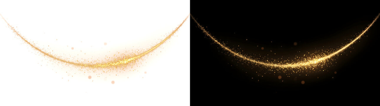 Glitter arc of sparkling golden dust particles curving with a warm glow for festive luxury designs in PNG, Transparent and Black Background Versions