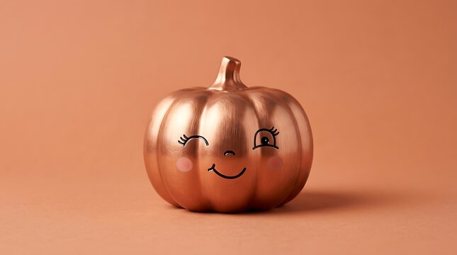 Metallic copper colored pumpkin with a winking face painted on it decorative pumpkin autumn decor