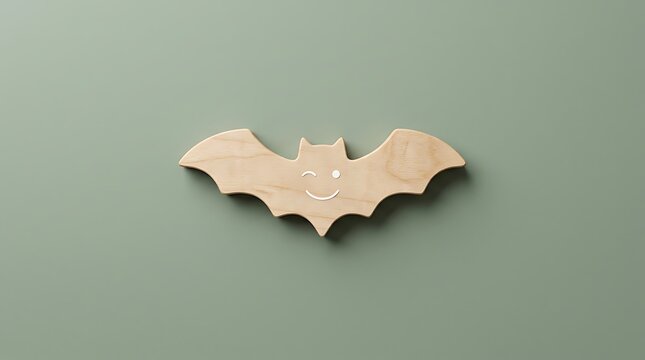 Wooden bat cutout with a cute smiling face on a soft green background bat ornament halloween decor