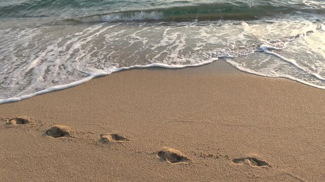 A peaceful long-take tripod shot of footprints on a sandy beach as gentle waves wash ashore during early morning in Gangneung, South Korea on June 29, 2026. Features authentic natural ASMR wave sound.