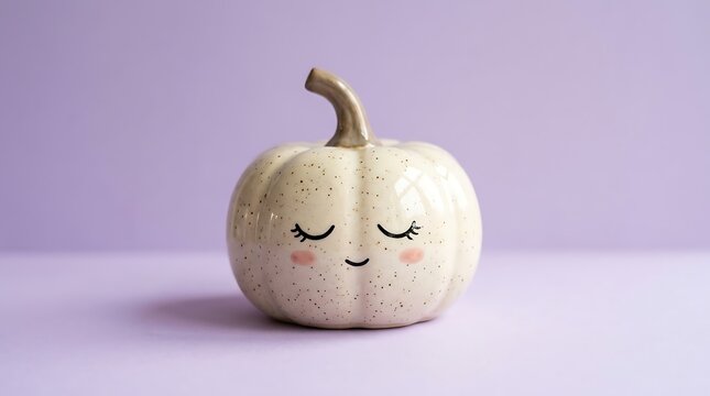 White speckled ceramic pumpkin ornament with a cute sleeping face on lavender background