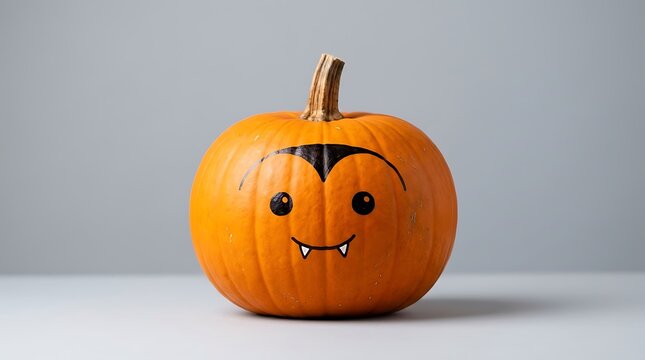 Orange pumpkin with a hand-drawn vampire face on a soft grey background jack o lantern halloween