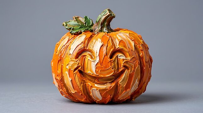 Textured orange pumpkin art piece with carved smiling face jackolantern halloween decoration