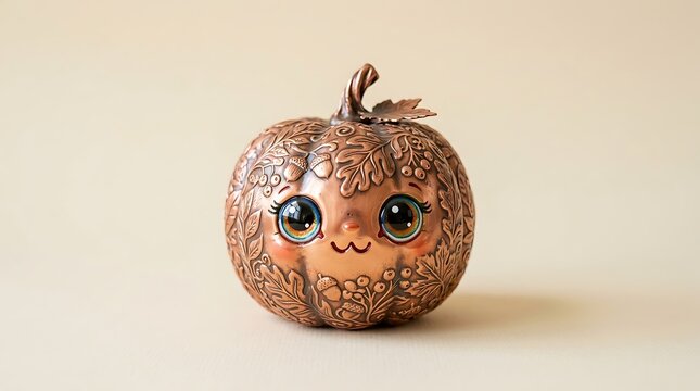 Decorative brown pumpkin with intricate floral carving and large glass eyes fall decor intricate