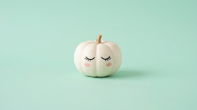 Small white pumpkin with a sleepy face drawing on a mint green background