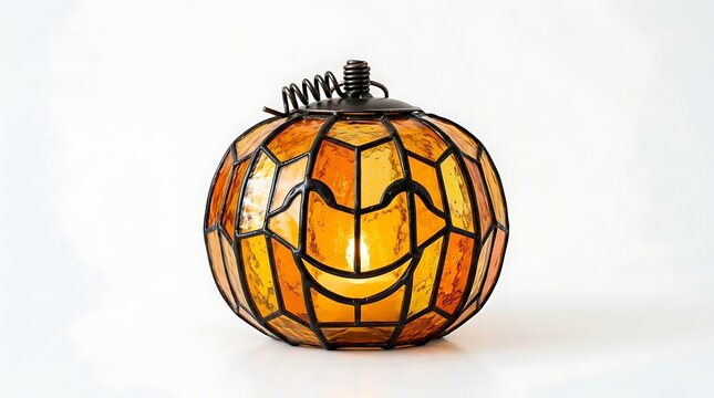 Stained glass pumpkin lamp with a glowing face design for autumn and halloween decor, jack o lantern