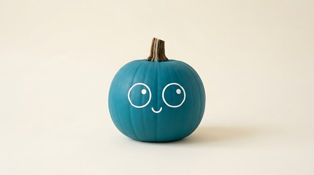 Cute blue decorative pumpkin with a happy face drawing isolated on a soft background