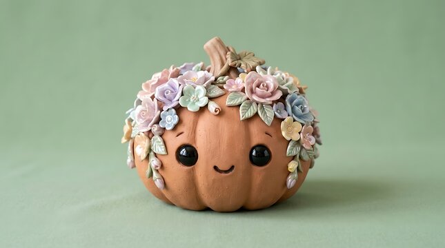 Cute pumpkin figurine decorated with pastel flowers and greenery on a sage green background