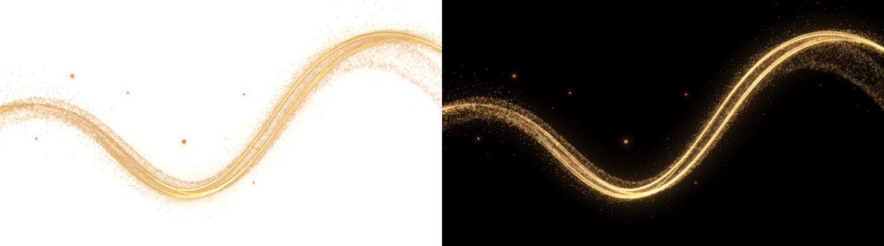 Wave of flowing golden double lines with fine glitter dust and soft glow for luxury designs in PNG, Transparent and Black Background Versions