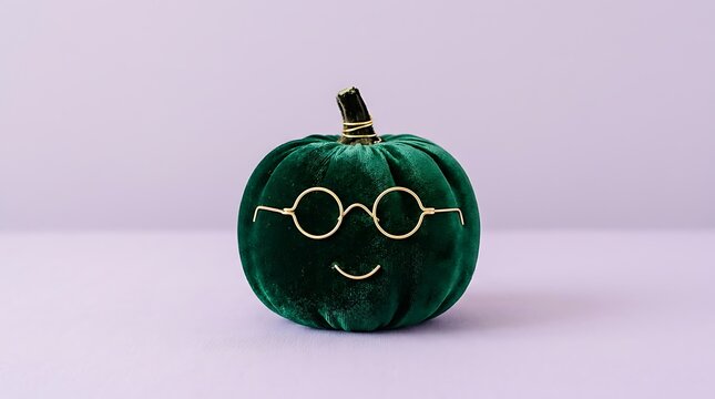 Small green velvet pumpkin figurine wearing gold wire glasses with pumpkin decor