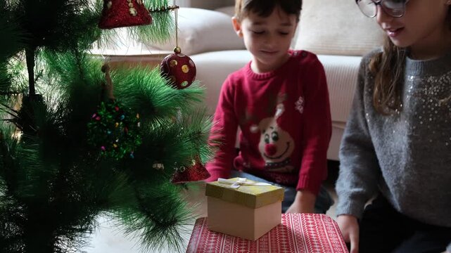 Little brother and sister sharing christmas presents