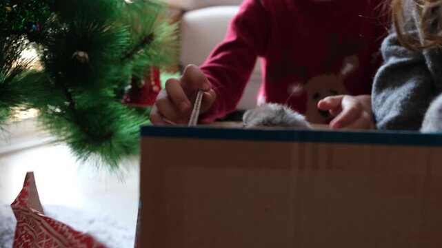Children opening a christmas present revealing a cute bunny