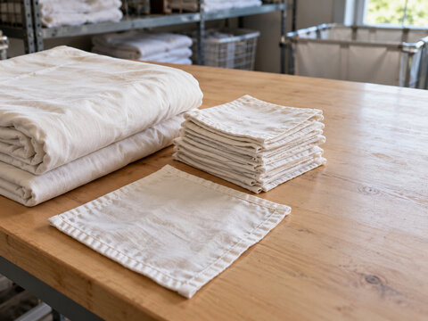 Folded linen and hemmed cleaning cloths on a laundry table
