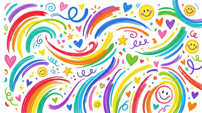 Colorful crayon doodle background with rainbows hearts and smiling faces