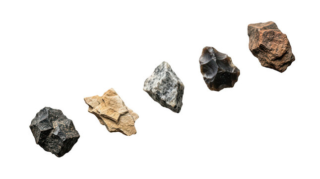A selection of various natural stone fragments and prehistoric flint tools on a white background transparent background