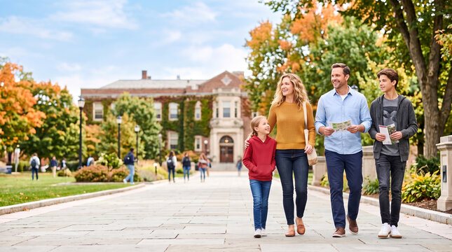 Family visiting college campus while walking together in autumn  