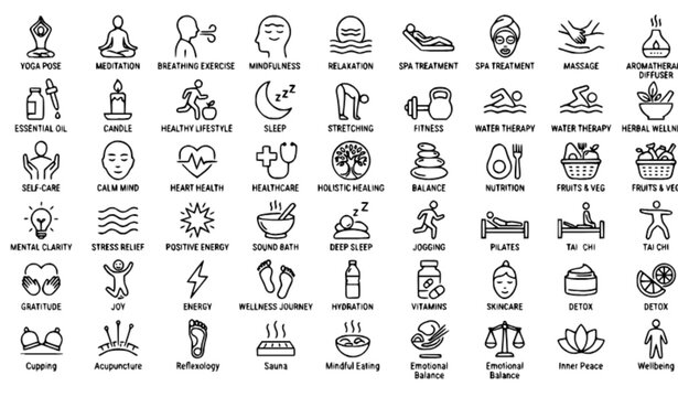 Wellness Yoga Meditation Spa and Aromatherapy Thin Line Icons