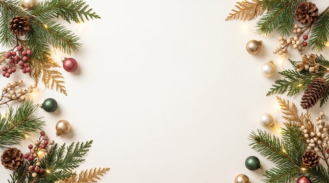 Christmas border with pine branches, golden cedar leaves, pinecones, berries, and ornaments framing off-white background with center copy space, holiday flat lay top view stock photo.   