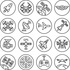 Fototapeta premium Drone Technology And Aerospace Aviation Line Icon Set Featuring Satellite Navigation And Remote Control Element Design