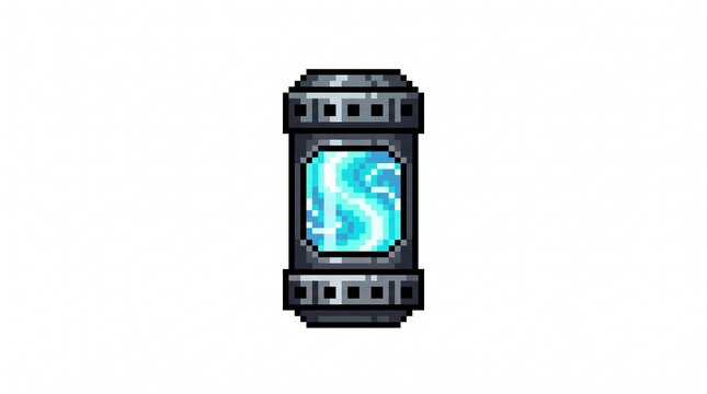 8-bit pixel art of a futuristic alien plasma energy core container game asset isolated on white.