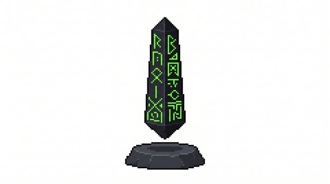 8-bit pixel art of a mysterious black floating alien monolith obelisk with glowing green runes game asset isolated on white.