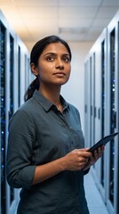 Fototapeta premium Indian Female IT Engineer with Tablet in Data Center Server Room, Women in Technology and STEM Career Concept