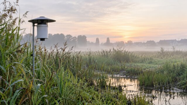 Mosquito vector surveillance station in misty wetland landscape