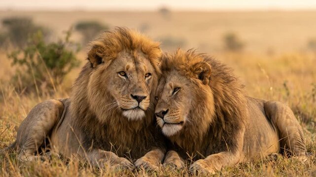 two lions resting close up at morning light in serengeti national park tanzania video