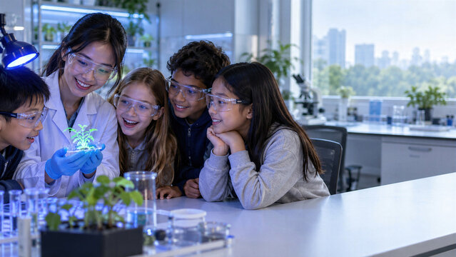 Young asian female scientist showing glowing plant sprout to amazed diverse school kids in lab, stem education