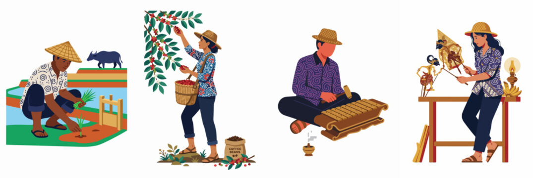 Set of Indonesian Cultural Heritage Vector Illustrations Featuring Rice Farming, Coffee Harvesting, Gamelan Music, and Wayang Kulit Shadow Puppet Performance