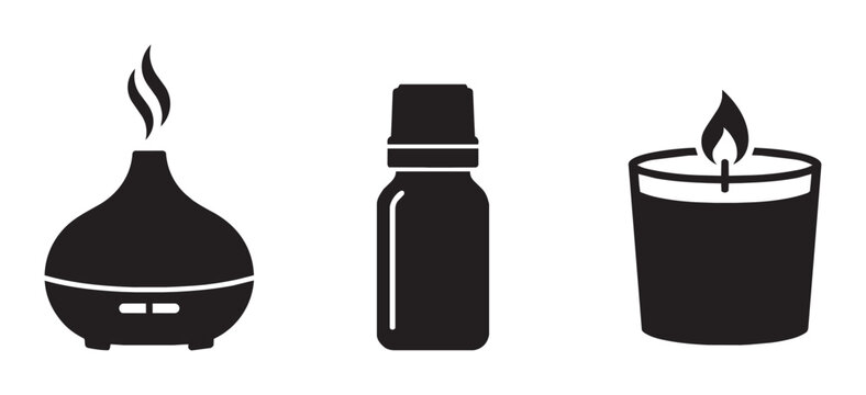 Aromatherapy Icons: Essential Oil Diffuser, Dropper Bottle, and Scented Candle Set, Black Silhouette Graphics for Wellness and Relaxation