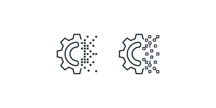 Gear wheels with digital pixel dispersion effects for industrial automation and software development icons.