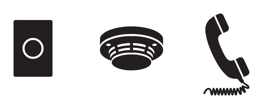 Safety Icons Set: Smoke Detector, Intercom, Telephone. Black Vector Graphics for Security and Communication Concepts.