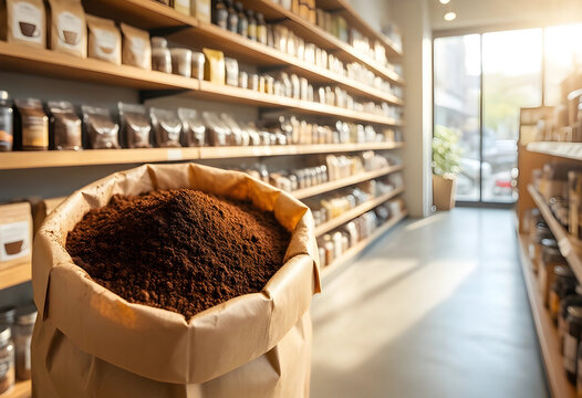 Coffee supply chain and wholesale business, bulk roasted coffee beans in paper sack inside artisanal roastery shop with shelves of packaged products