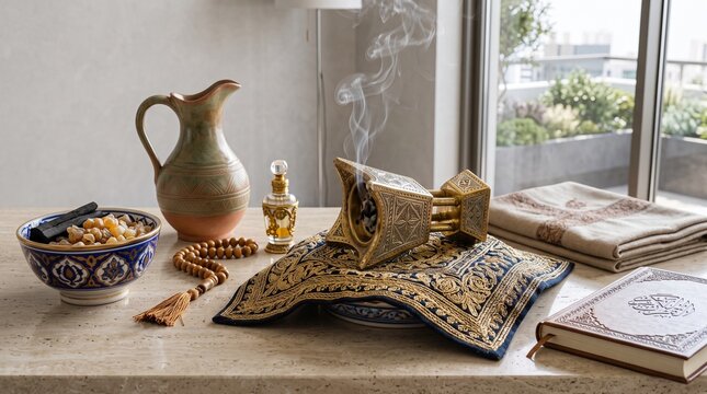 Golden Incense Burner Bakhoor Smoke Prayer Beads and Quran on Table