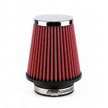A red cone-shaped air filter with a chrome top and metal clamp, isolated on a white background. 