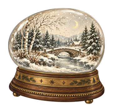 PNG Vintage winter snow globe with snowy bridge, forest, stream