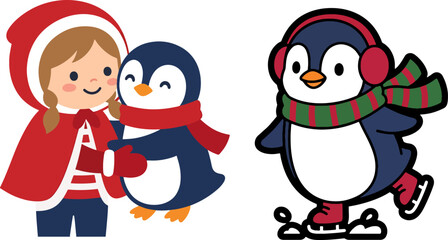 Fototapeta premium Christmas girl with red cloak and penguins with winter scarves and ice skates set