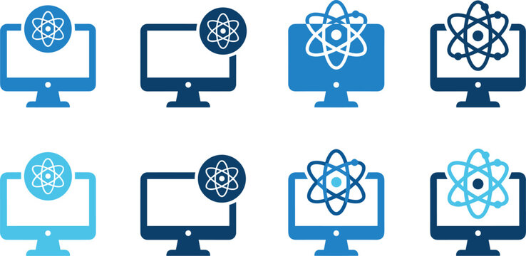 Computer monitor with atom symbol icon vector set representing React JS development and quantum science data visualization