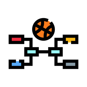 Basketball icon representing a playoff bracket, illustrating the structured path of a competition or tournament with connected rectangular boxes indicating different game stages and participants