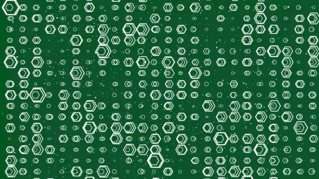 Glowing cyan hexagonal shapes of varying sizes arranged in a grid pattern on green background. geometric grid cyan glowing floating pattern digital art scientific background data visualization. 4k