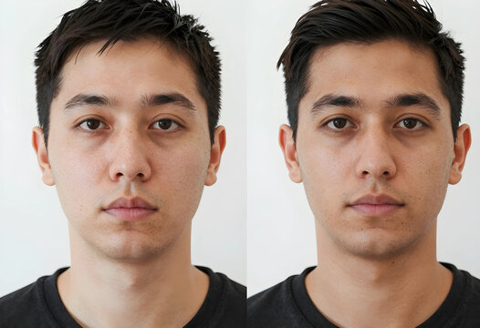 Skincare and anti-aging results, man before and after treatment for dark circles and tired eyes with facial rejuvenation and dermatological improvement