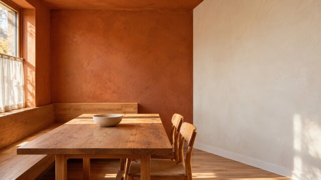 Warm autumn dining interior with terracotta plaster and natural oak
